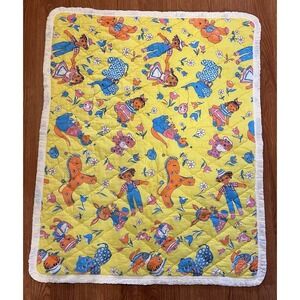 VTG 60's Quilted Baby Blanket Bright Colors Animals  42.5 X 34.5
